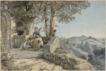 Paysage rocheux, au premier plan une jeune femme avec trois enfants et un chien devant un portail roman