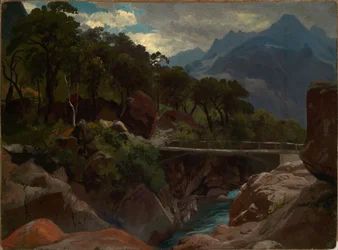 Rivière de montagne suisse avec passerelle