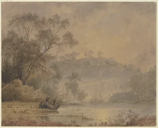 Lac en forêt, de la rive duquel part une barque avec trois hommes