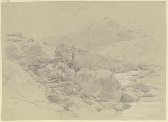 Moulin à eau dans un paysage montagneux