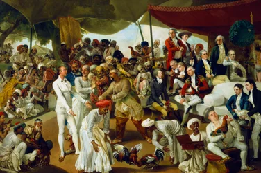 Le colonel Mordaunt assistant à un combat de coqs à Lucknow, en Inde, 1790