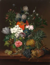 Nature morte avec un lézard et des fleurs