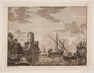 Navires sur une rivière. À gauche une tour