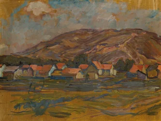 Paysage avec maisons et montagne