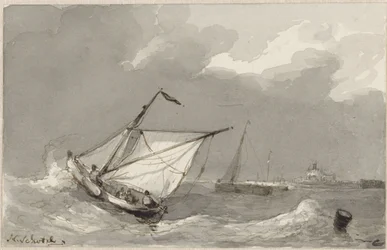 Bateau de pêche sur une mer agitée, avec un village à l