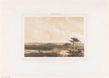 Paysage de bruyère avec un promeneur au repos et un berger avec son troupeau