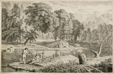Paysage arcadien avec une rivière et trois baigneuses