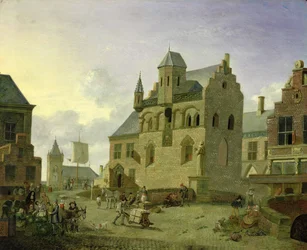 Place de la ville avec des personnages et des paysans commerçant sur une place de marché