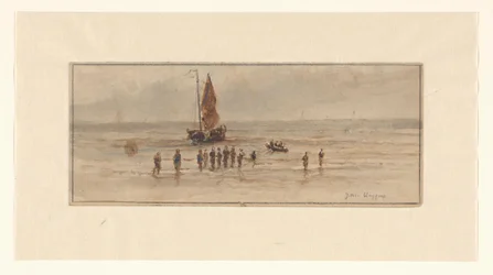 Vue de plage avec pêcheurs et voilier