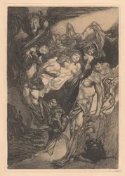 Homme à moitié nu avec monstres et créatures fantastiques