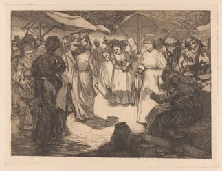 Scène de marché avec hommes et femmes