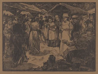 Scène de marché avec hommes et femmes