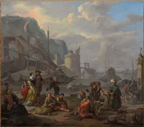 Un port méditerranéen avec un couple élégant et des voyageurs se reposant sur le quai