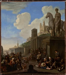 Scène de rue avec un caprice de bâtiments romains