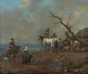 Chemin de campagne avec chasseur et paysans