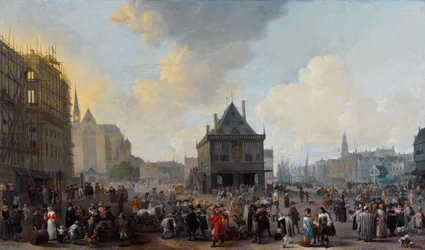 Néerlandais : Place du Dam, vue du nord, avec le nouvel hôtel de ville en construction