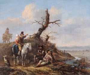 Paysage avec voyageurs se reposant et couple à cheval