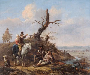 Paysage avec voyageurs se reposant et couple à cheval, 17e siècle