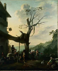Paysage de montagne avec des paysans dansant et jouant de la musique devant une auberge