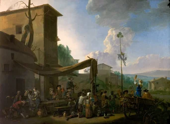 Scène de village avec paysans en fête