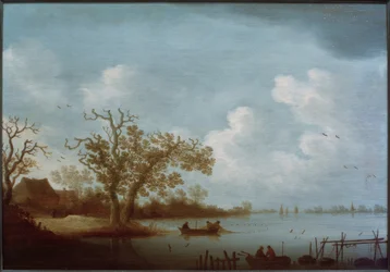 Paysage fluvial hollandais avec maisons de paysans et bateaux de pêche