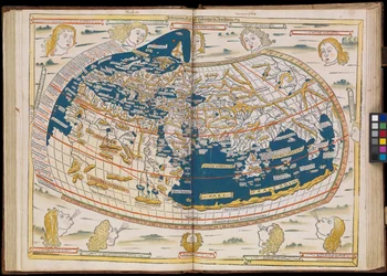 La première édition de Ptolémée imprimée en Allemagne, et la première avec des cartes gravées sur bois. Reliure originale.