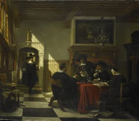 Groupe en costume du XVIIe siècle à une table avec une coupe de nautile