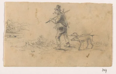 Chasseur avec chiens et un lièvre sur le dos