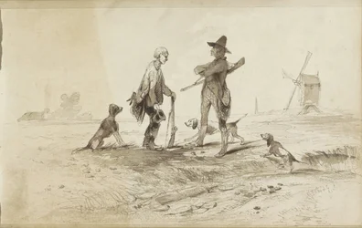 Chasseurs avec chiens dans un paysage avec un moulin