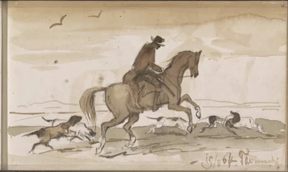 Paysage avec un cavalier et des chiens courant