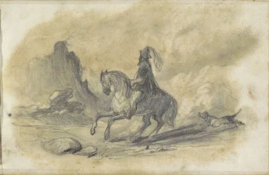 Cavalier avec un chien sur un chemin rocheux
