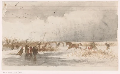 Patineurs et traîneau sur la glace