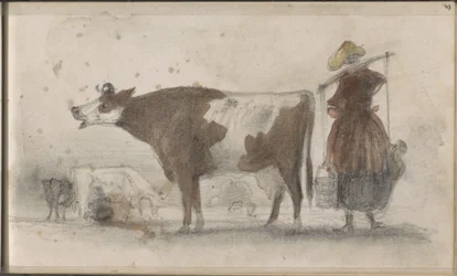 Prairie avec des vaches et une fermière avec un joug