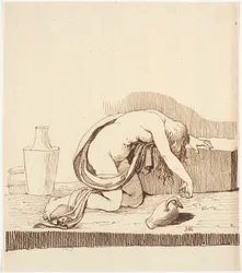 Femme nue penchée en avant (ivre) avec une cruche à vin vidée