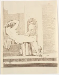 Femme nue avec draperie vue de dos, devant une fontaine