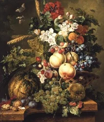 Fruits et fleurs sur une corniche en marbre