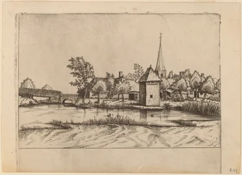 Village de campagne avec église et pont