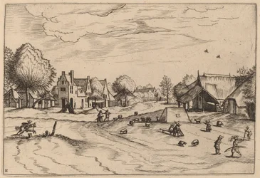 Village de Campagne avec Moutons et Berger Assis