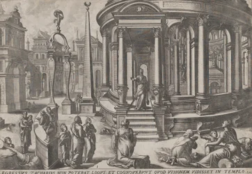 Zacharie sortant du temple, de la série Événements dans et autour du temple, vers 1572. Créateurs : Johannes van Doetecum I, Lucas van Doetecum