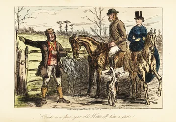 Un garde-chasse donnant des directions à un couple chassant le renard