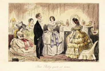 Gentleman anglais rendant visite à une dame et ses filles dans un salon