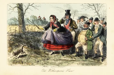 Femme anglaise en jupe crinoline essayant d