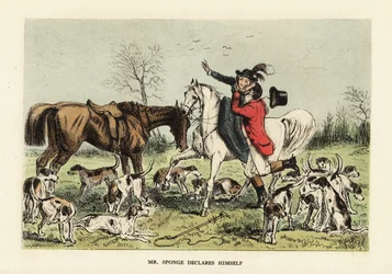 Chasseur en habit rouge embrassant une femme sur un cheval