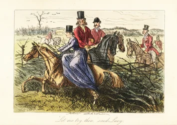Dame montant en amazone sur un cheval coincé dans une clôture pendant une chasse au renard