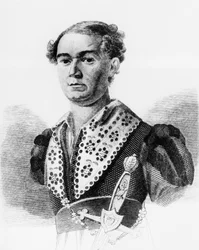 Portrait de Vasily Andreevich Karatygin (1802-1853), acteur russe, gravure de Russkaya Talia, anthologie de Faddey Venediktovich Bulgarin, publiée en 1825