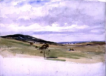 Paysage avec moulin à vent et village