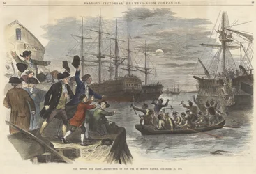 La Boston Tea Party ? Destruction du thé dans le port de Boston, 16 décembre 1773, de Ballous Pictorial Drawing-Room Companion, pub. 1865