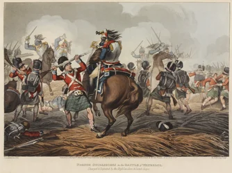 Cuirassiers français à la bataille de Waterloo chargés et vaincus par les Highlanders et les Scotch Greys, gravé par M. Dubourg, 1819