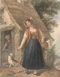Jeune femme avec chien devant une porte de cottage