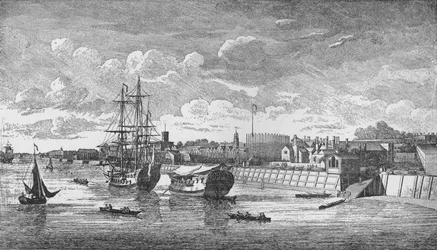 Chantier naval de Woolwich depuis la Tamise, vers 1750, 1912. Artistes : Inconnu, John Boydell